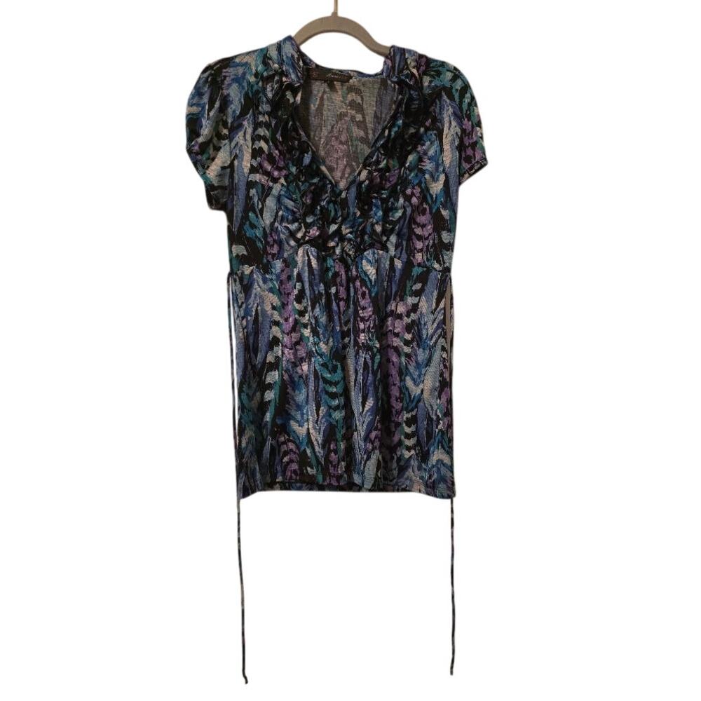 HeartSoul Y2K Ruffle Blouse Women’s M Abstract Floral Tie Back Boho Top